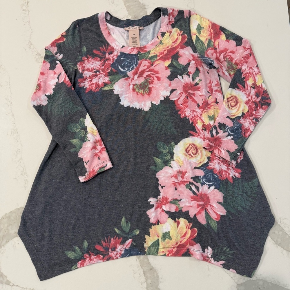 Philosophy Floral Botanical Trellis Asymmetrical Tunic Women’s Medium Gray/Pink